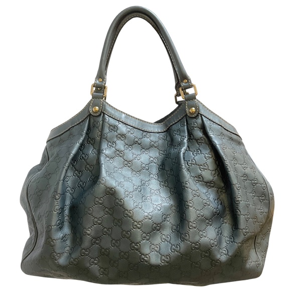 GUCCI SLATE BLUE METALLIC GG MONOGRAM GUCCISSIMA LEATHER LARGE SUKEY TOTE HANDBA - Picture 4 of 13